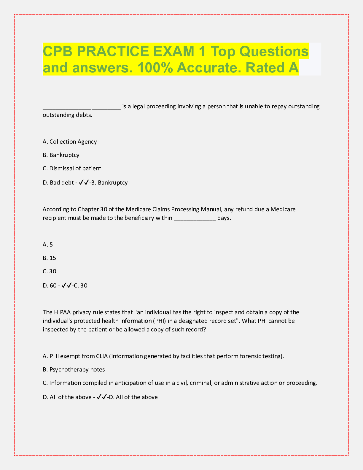 Preview image for CPB PRACTICE EXAM 1 Top Questions  and answers. 100% Accurate. Rated A ________________________ is a legal procee